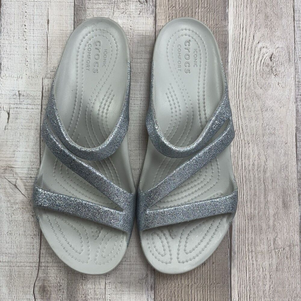 Crocs Women's 9 Kadee II Sandals Slide Strappy Comfort Waterproof Glitter Silver - Picture 4 of 11